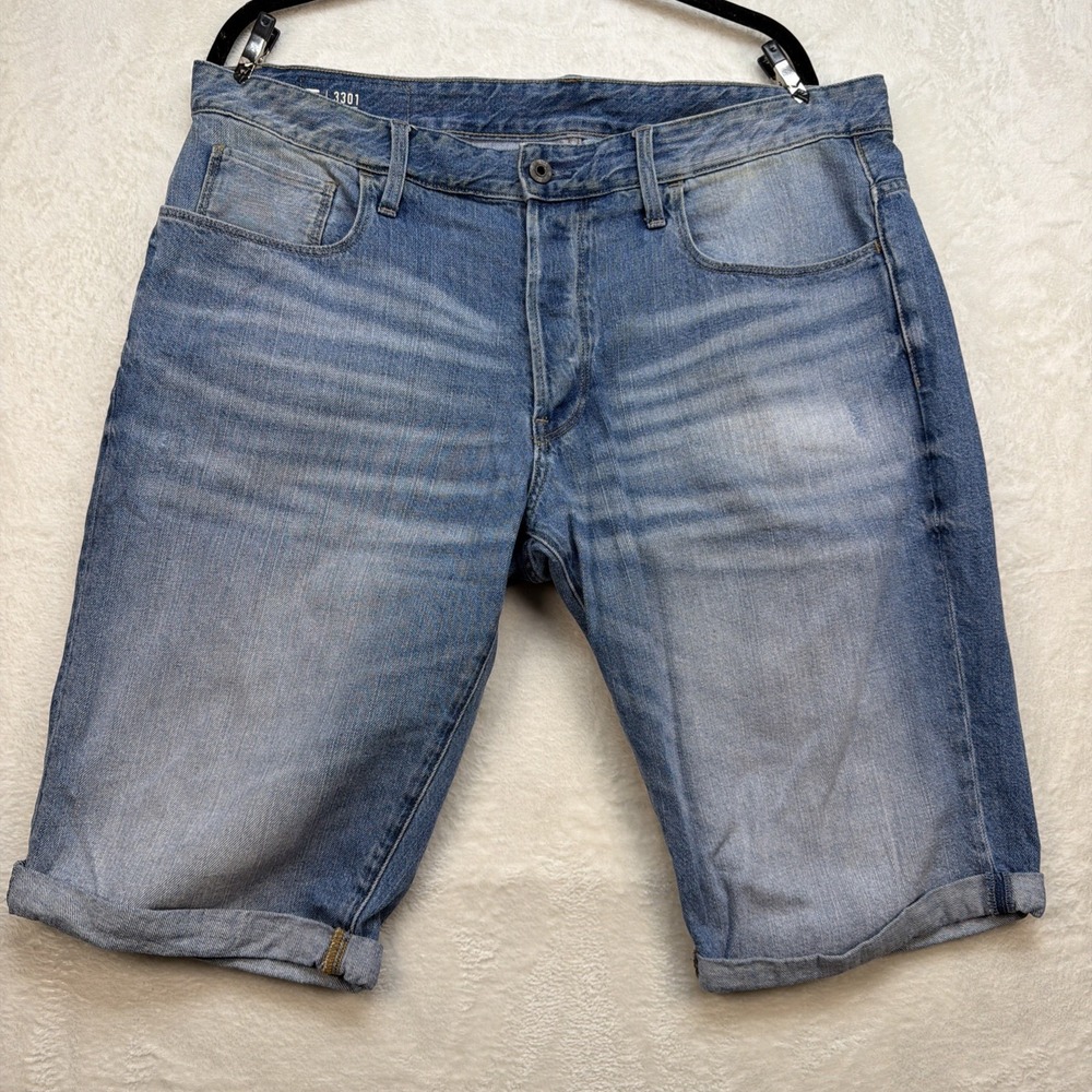 G Star Raw 3301 Denim Shorts Mens 38‎ Button Fly Light Wash Straight Jean Short